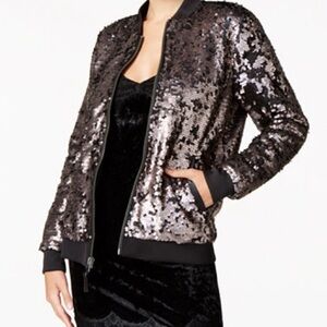 GUESS Delilah‎ Sequin Bomber Jacket Gunmetal silver gold